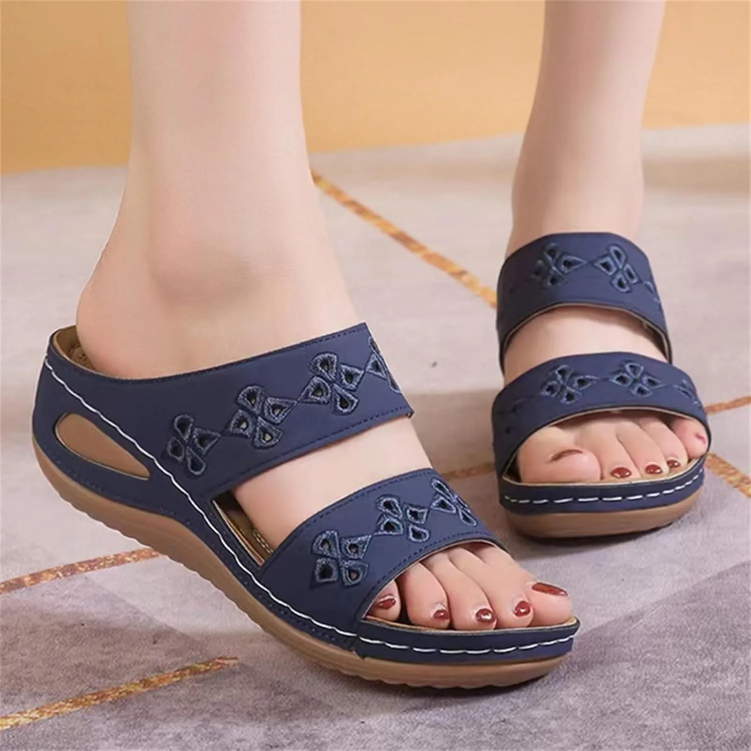 Orthopedic Sandals for Women Summer Arch Support Wedges, Double Strap Slip on Walking Slippers Fashion Hollow Print Sandals Casual Open Toe Breathable Slippers