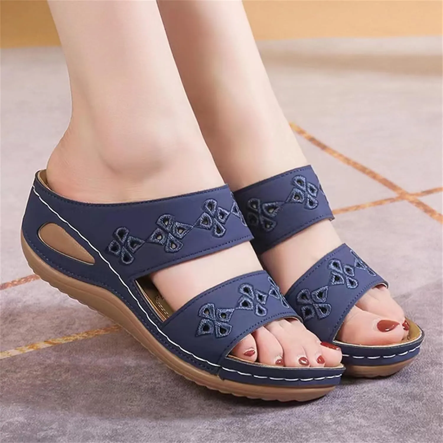 Orthopedic Sandals for Women Summer Arch Support Wedges, Double Strap Slip on Walking Slippers Fashion Hollow Print Sandals Casual Open Toe Breathable Slippers