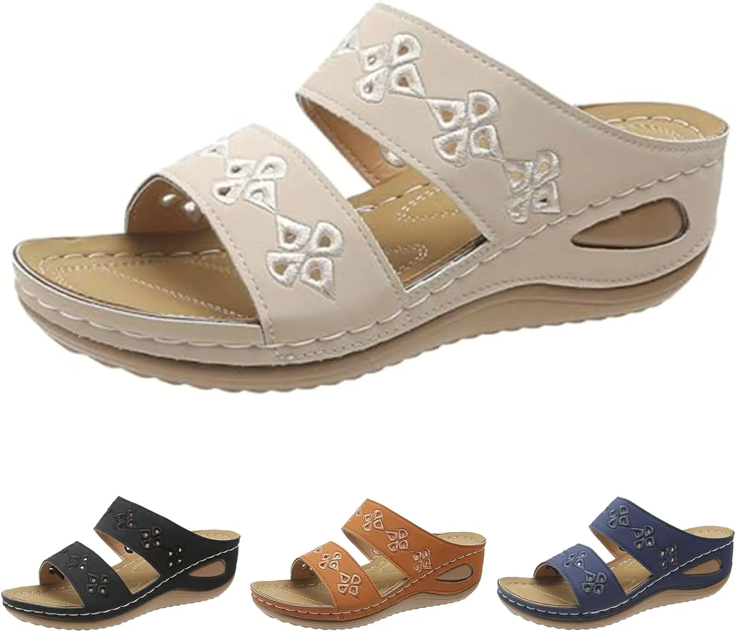 Orthopedic Sandals for Women Summer Arch Support Wedges, Double Strap Slip on Walking Slippers Fashion Hollow Print Sandals Casual Open Toe Breathable Slippers