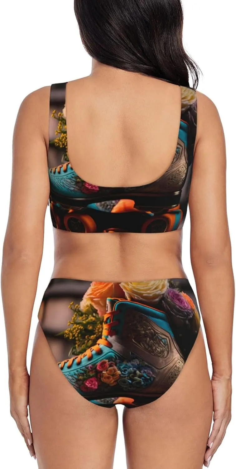 Pevufa Classic Floral Blue Skate Shoes Print Women'S 2 Piece High Waisted Wrap Spaghetti Strap Summer Swimsuit Bikini Set-