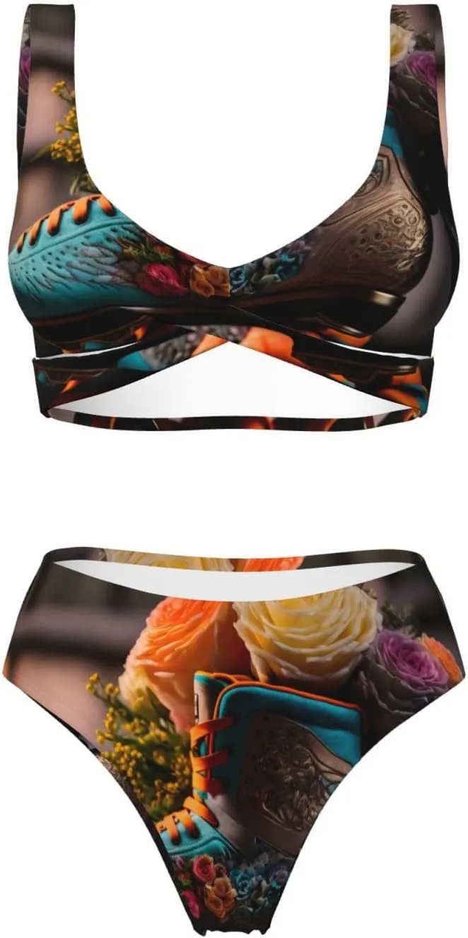 Pevufa Classic Floral Blue Skate Shoes Print Women'S 2 Piece High Waisted Wrap Spaghetti Strap Summer Swimsuit Bikini Set-