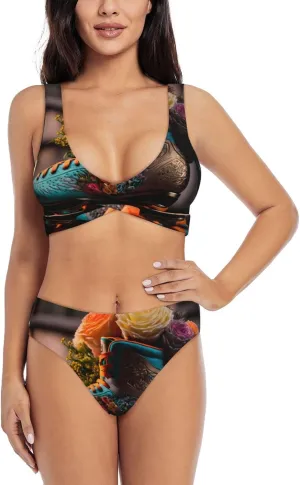 Pevufa Classic Floral Blue Skate Shoes Print Women'S 2 Piece High Waisted Wrap Spaghetti Strap Summer Swimsuit Bikini Set-