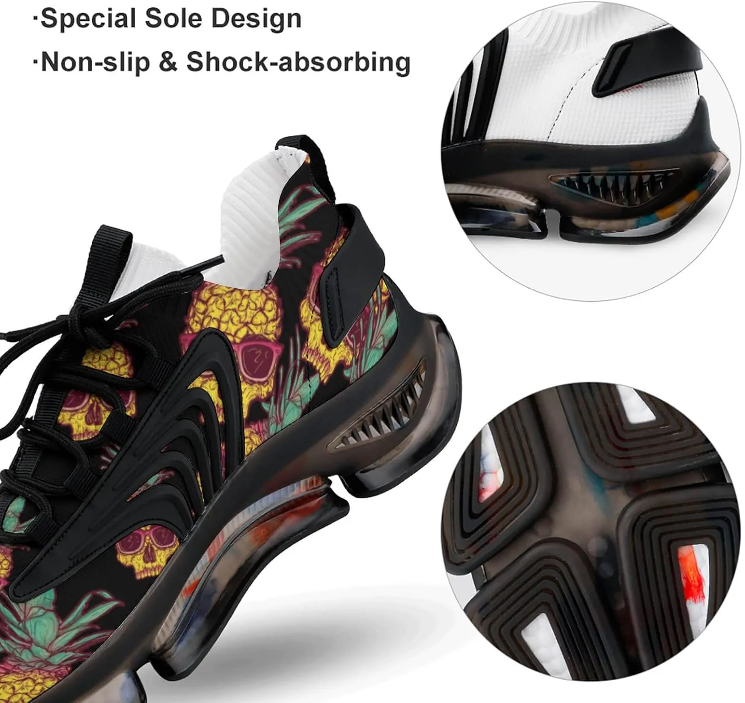 Pineapple Skull Wear Glasses Walking Shoes for Men Lightweight Tennis Fashion Elastic Sports Shoes Cushion Basketball Shoes