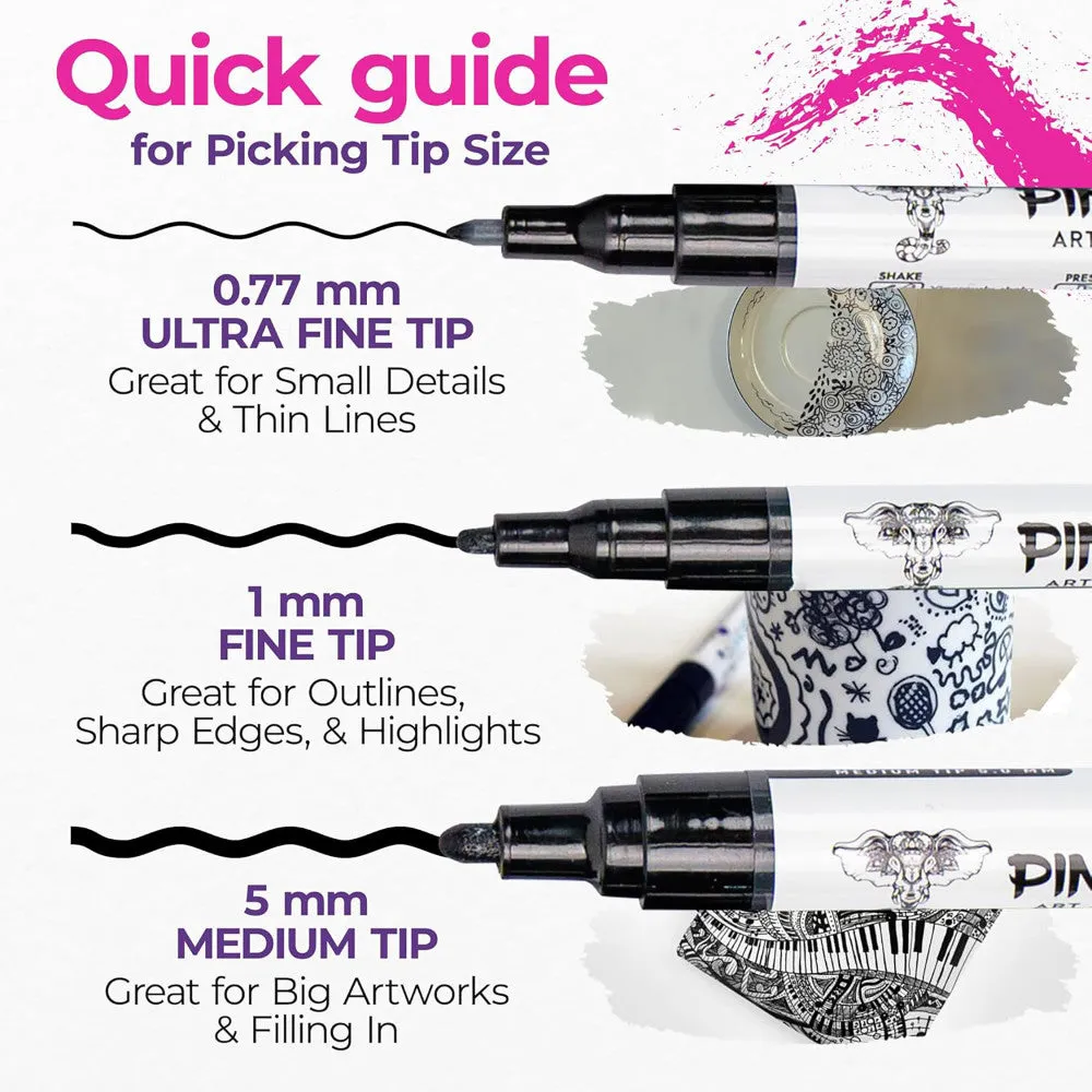 Pintar Acrylic Paint Marker Collection - Black, 12-Pack with Varied Tips