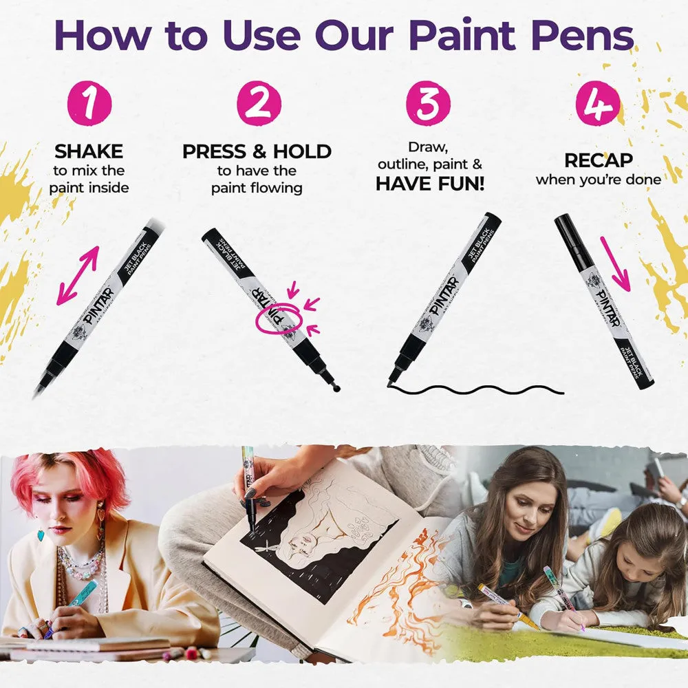 Pintar Acrylic Paint Marker Collection - Black, 12-Pack with Varied Tips