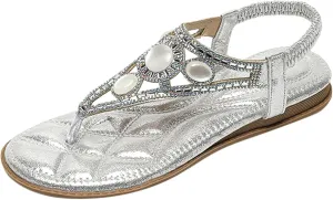 Rhinestone Sandals for Women Flat Trendy Sparkling Boho Flat Shoes Beautiful Sparkling Boho Flat Sandals for Summer