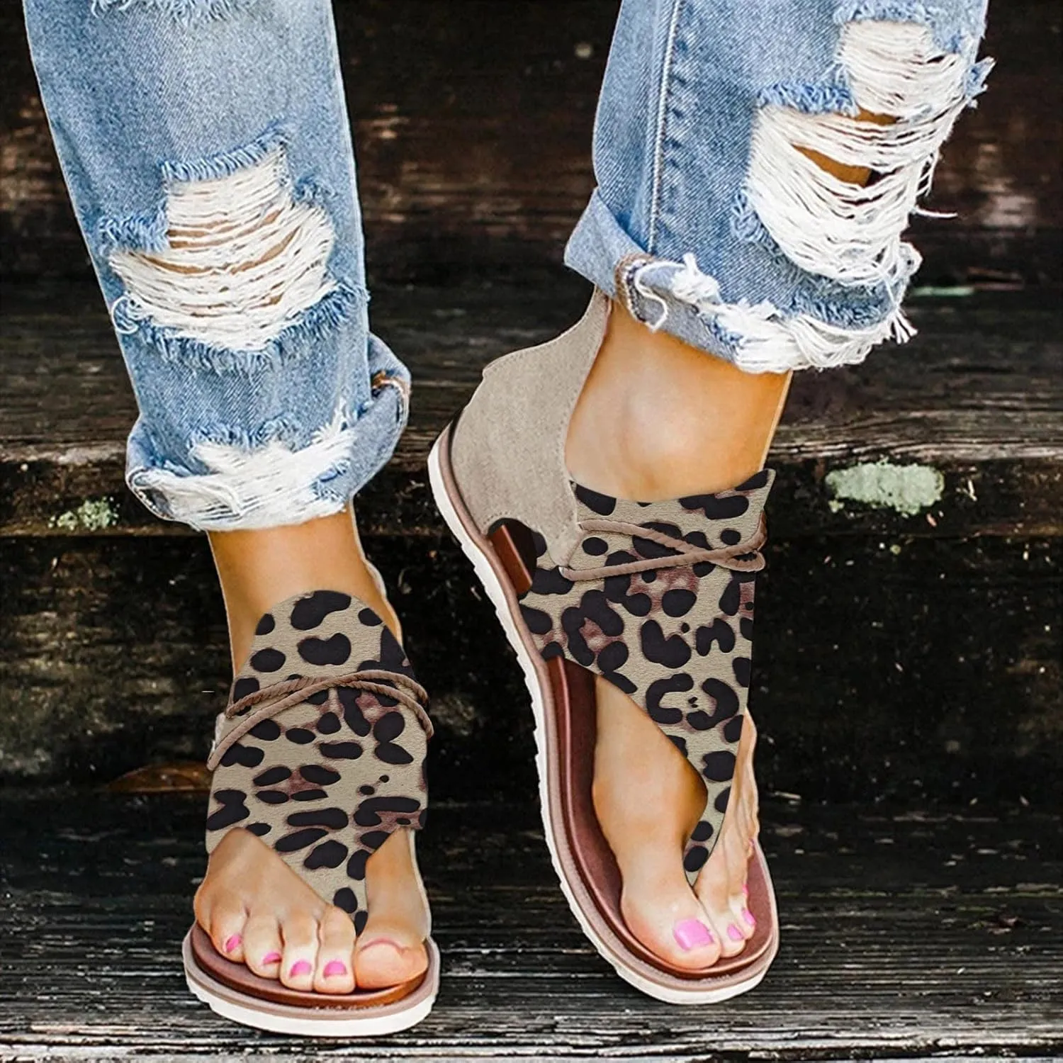 Shoes Summer Sandals Lace Print Casual Flat Women Zip Ladies Leopard Up Wedge for Women Sandals