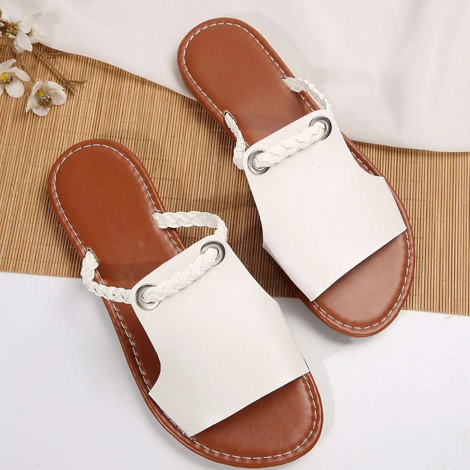 Summer Shoes Women Flat Slides for Woman Cute Slip on Stylish Braided Strap Open Toe Slide Sandals for Dressy Casual