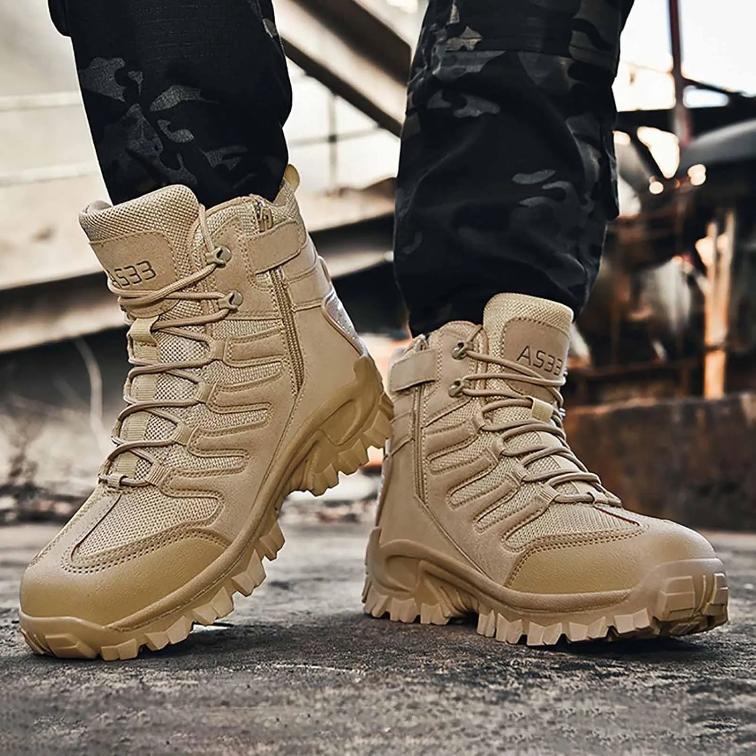 Tactical Boots for Men, Men's Waterproof Hiking Boots, Outdoor Lightweight Work Boots, With Zipper Work Boots for Men, Lightweight Motorcycle Boots, Men Combat Boots