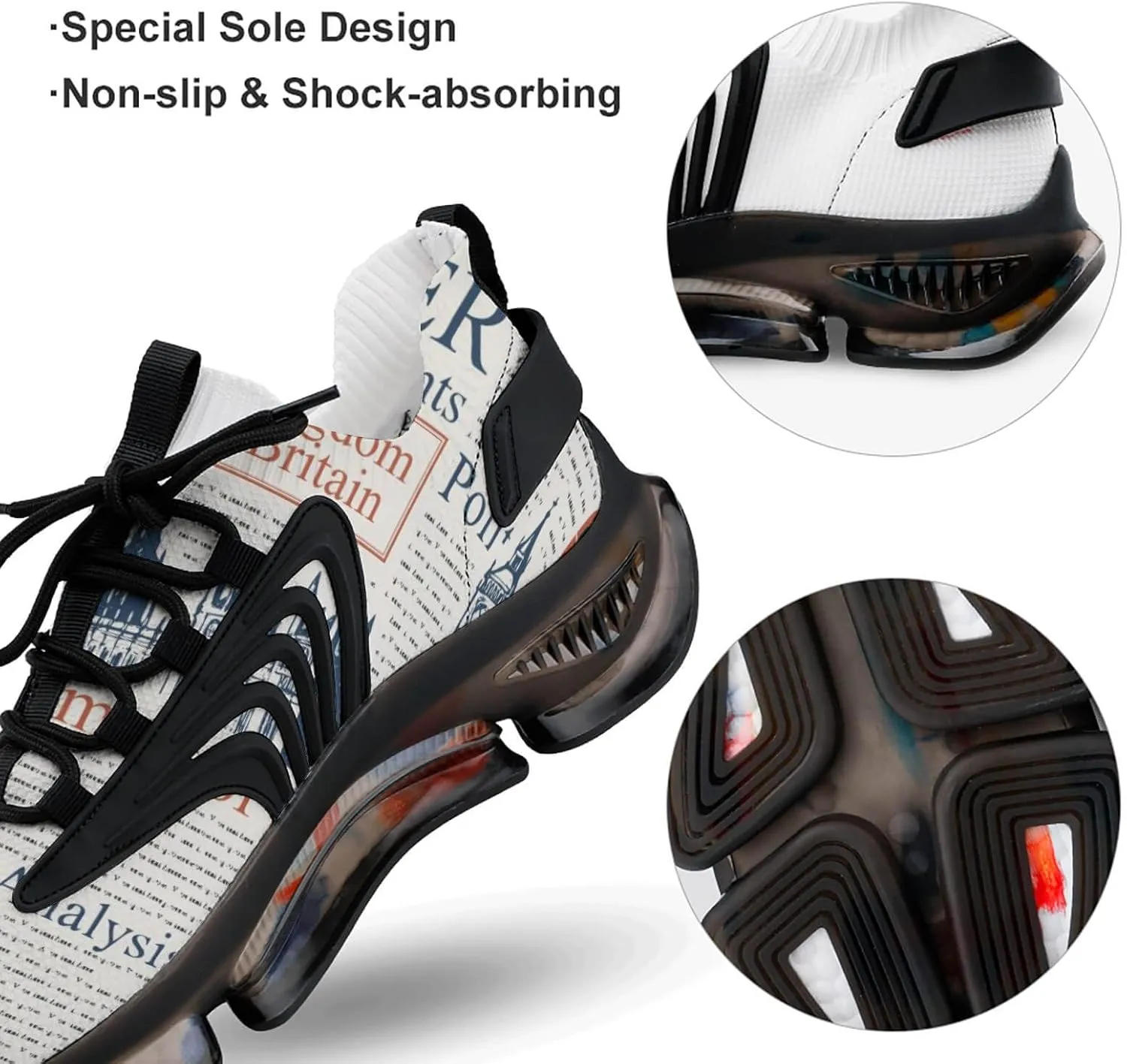 UK London Newspaper Walking Shoes for Men Lightweight Tennis Fashion Elastic Sports Shoes Cushion Basketball Shoes