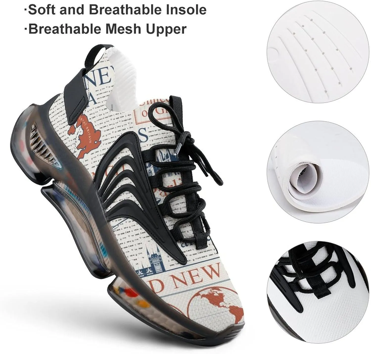 UK London Newspaper Walking Shoes for Men Lightweight Tennis Fashion Elastic Sports Shoes Cushion Basketball Shoes