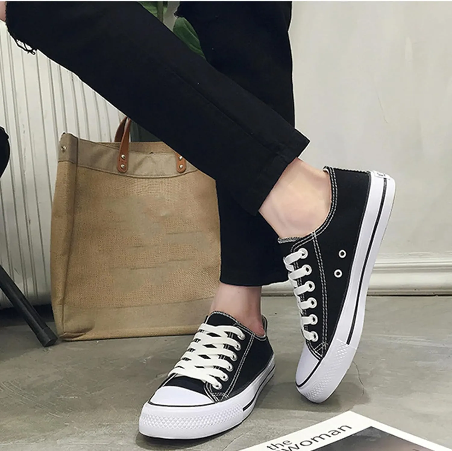 Unisex Canvas Shoes, Low Top Lace Up Fashion Casual Sneakers, Black and White, Women's 10/Men's 8.5
