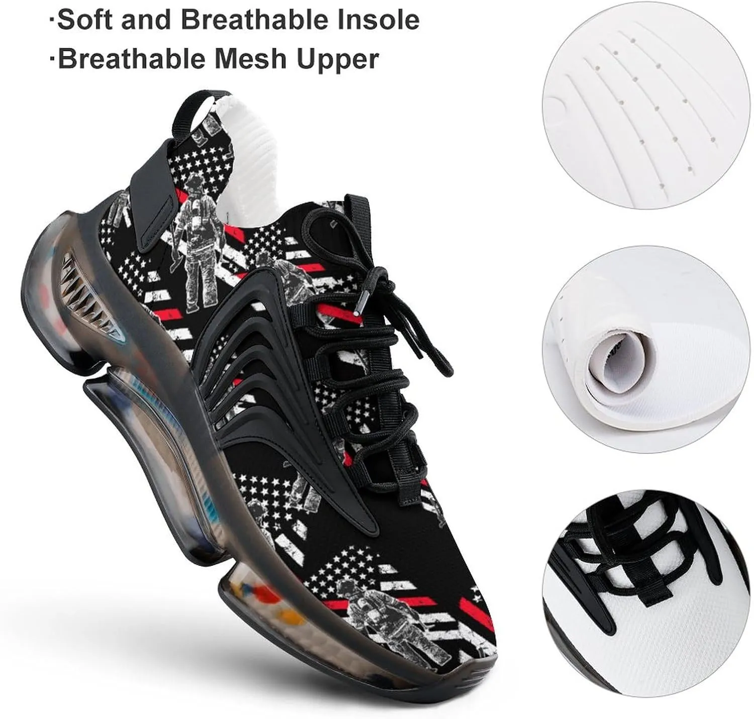 US Fireman Red Line Flag Walking Shoes for Men Lightweight Tennis Fashion Elastic Sports Shoes Cushion Basketball Shoes