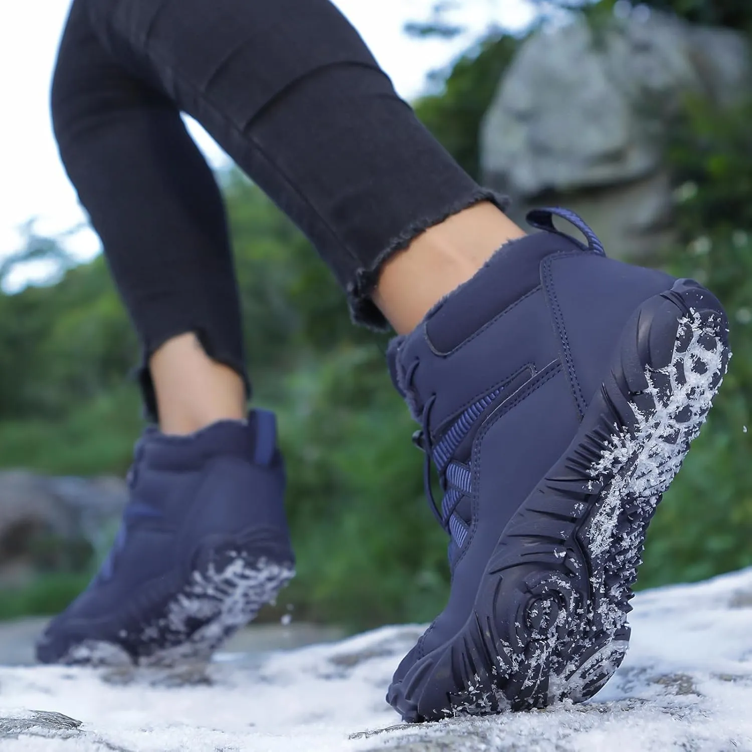 uSecee Barefoot Winter Shoes Women Mens Slip On Warm Zero Drop Snow Boots Wide Toe Box Ankle Booties Waterproof Fur Lined Boots Hiking Walking Shoes Five Finger Sneakers with Adjustable Elastic Band