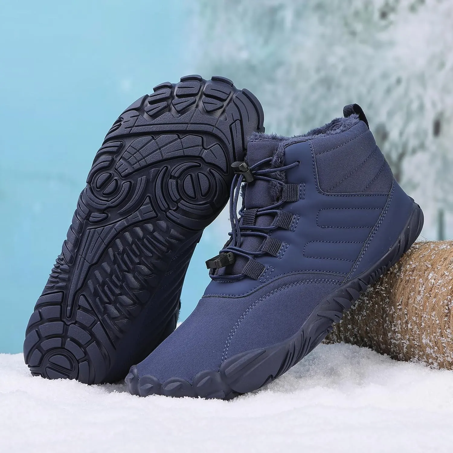 uSecee Men's Women's Winter Barefoot Hiking Boots Winter Warm Wide Toe Box Shoes Minimalist Waterproof Hiking Shoes Zero Drop Non Slip Sneakers Fur Lined Snow Boots Walking Outdoor Unisex