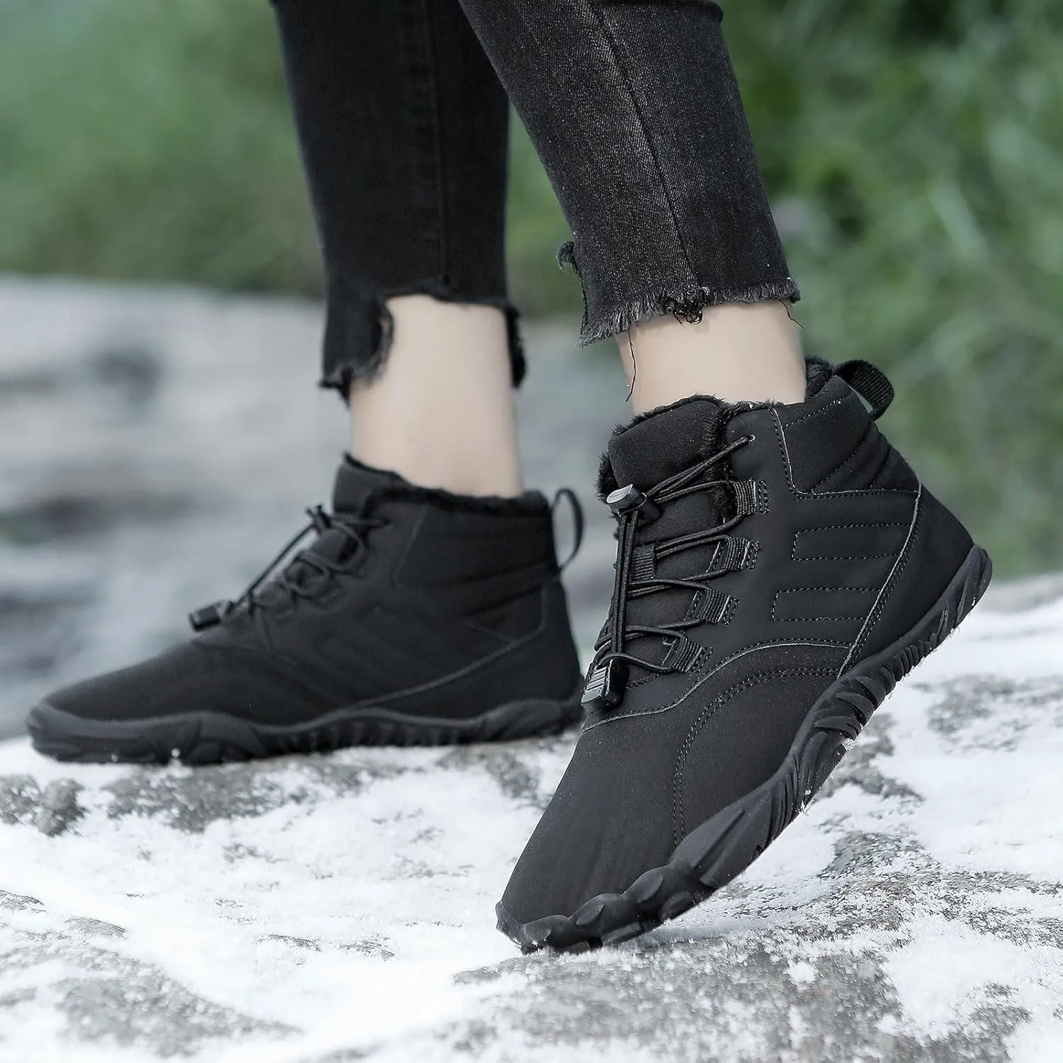 uSecee Men's Women's Winter Barefoot Hiking Boots Winter Warm Wide Toe Box Shoes Minimalist Waterproof Hiking Shoes Zero Drop Non Slip Sneakers Fur Lined Snow Boots Walking Outdoor Unisex