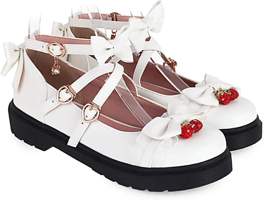 VOKLIN Women's Girls Lolita Mary Jane Flats Sweet Bow Cross Ankle Strap Low Heel Princess Oxford Dress Shoes