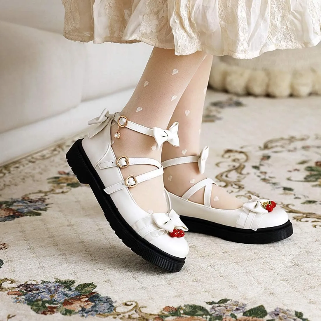 VOKLIN Women's Girls Lolita Mary Jane Flats Sweet Bow Cross Ankle Strap Low Heel Princess Oxford Dress Shoes