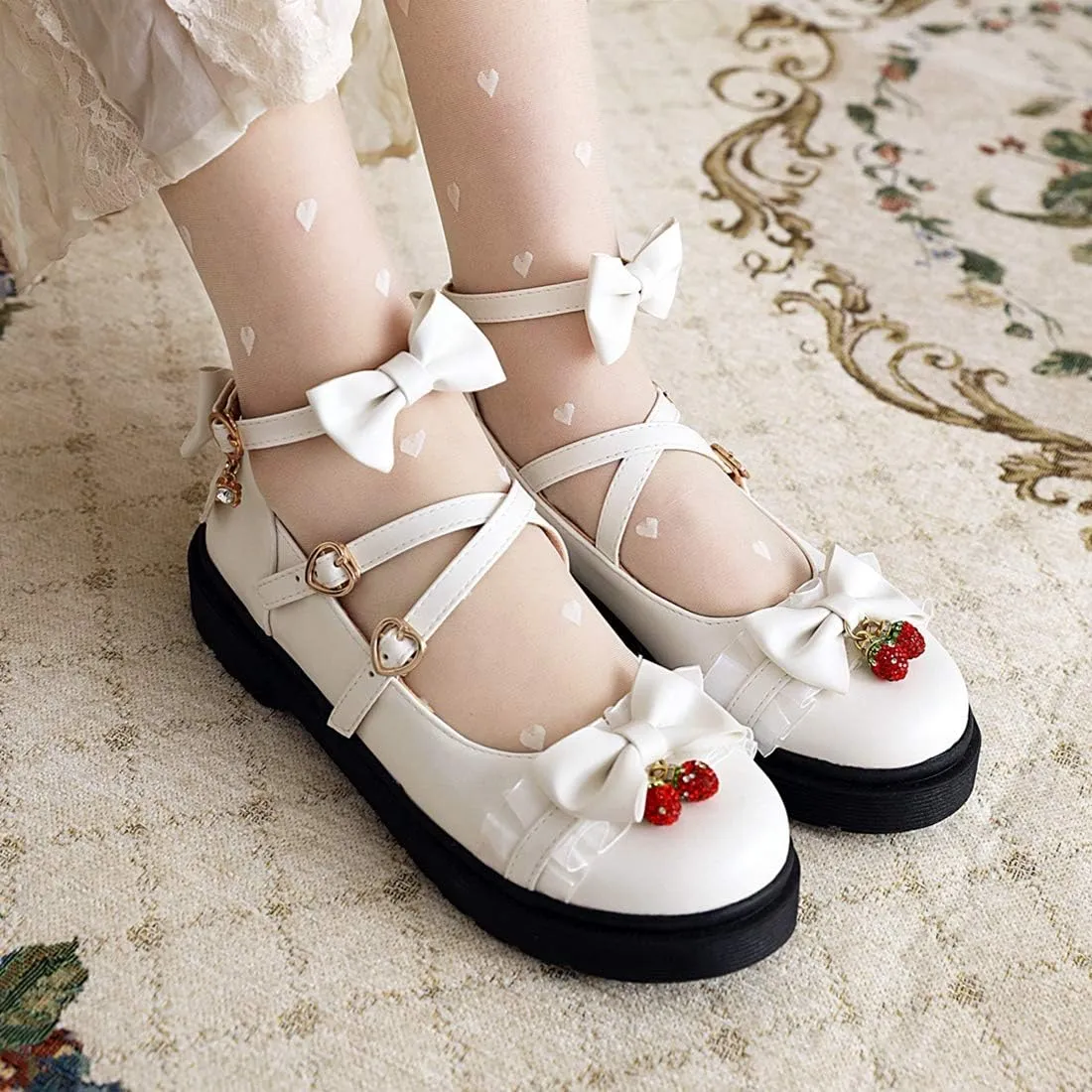 VOKLIN Women's Girls Lolita Mary Jane Flats Sweet Bow Cross Ankle Strap Low Heel Princess Oxford Dress Shoes