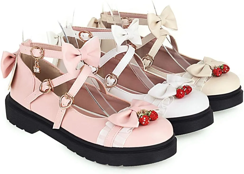 VOKLIN Women's Girls Lolita Mary Jane Flats Sweet Bow Cross Ankle Strap Low Heel Princess Oxford Dress Shoes