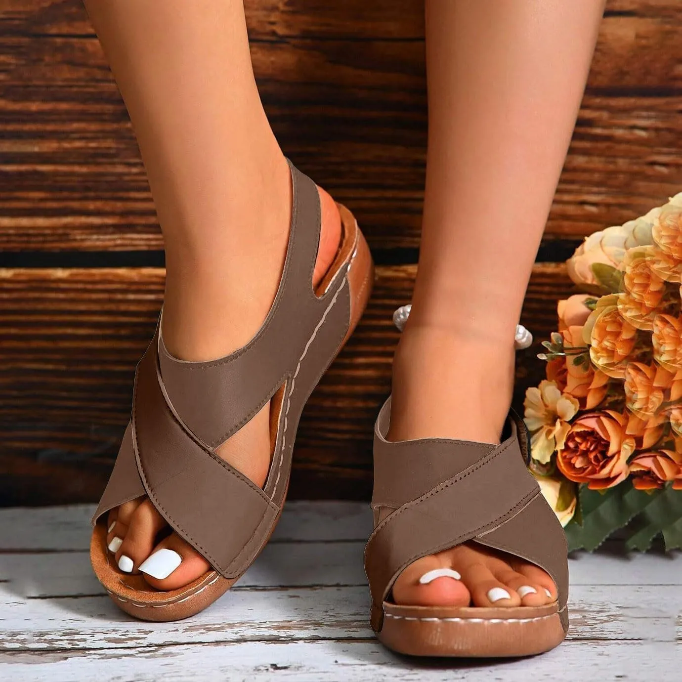 Walking Sandals Women Comfort Arch Support Orthopedic Sandals Crisscross Strap Open Toe Wedge Sandals Summer Sandals