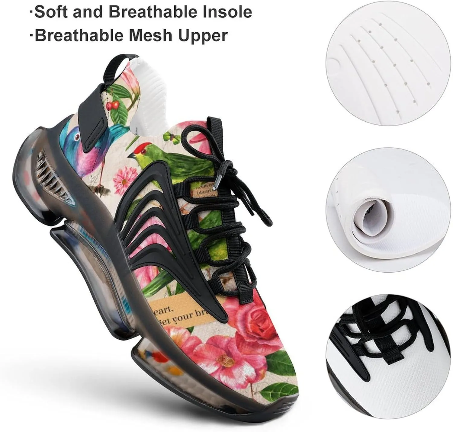 Watercolor Birds Flowers and Butterflies Walking Shoes for Men Lightweight Tennis Fashion Elastic Sports Shoes Cushion Basketball Shoes