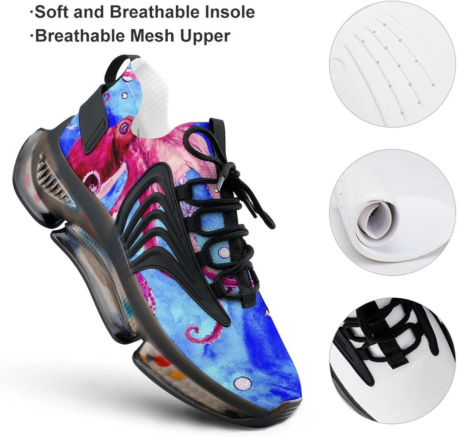 Watercolor Octopus Lionfish and Jellyfish Walking Shoes for Men Lightweight Tennis Fashion Elastic Sports Shoes Cushion Basketball Shoes