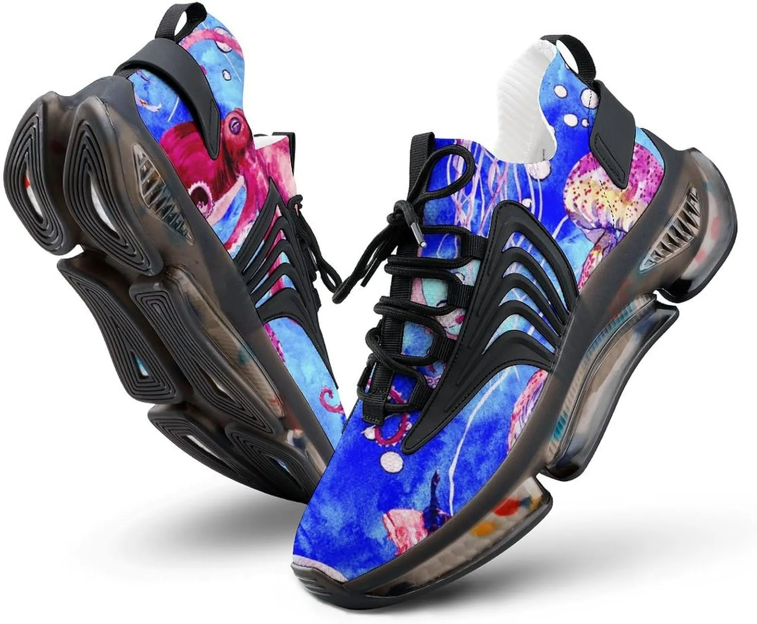 Watercolor Octopus Lionfish and Jellyfish Walking Shoes for Men Lightweight Tennis Fashion Elastic Sports Shoes Cushion Basketball Shoes