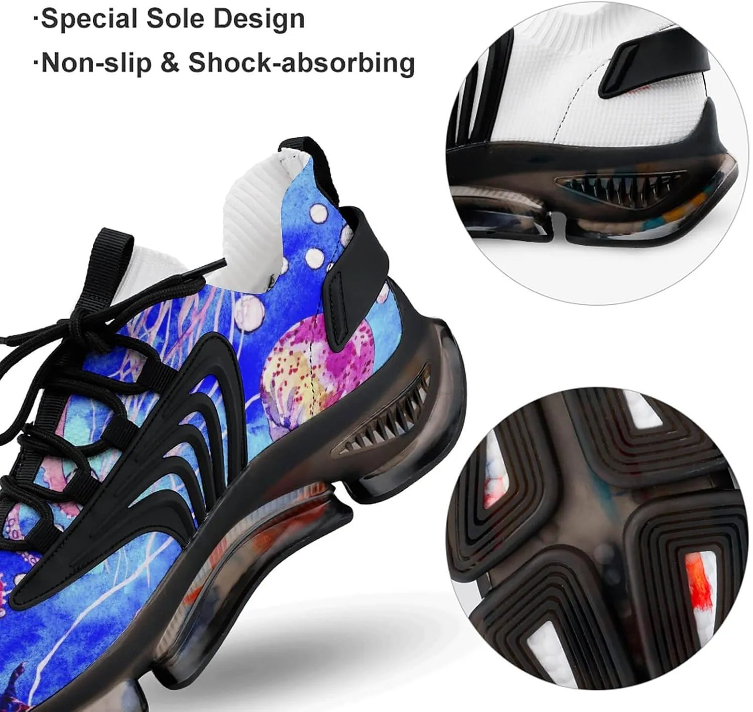Watercolor Octopus Lionfish and Jellyfish Walking Shoes for Men Lightweight Tennis Fashion Elastic Sports Shoes Cushion Basketball Shoes