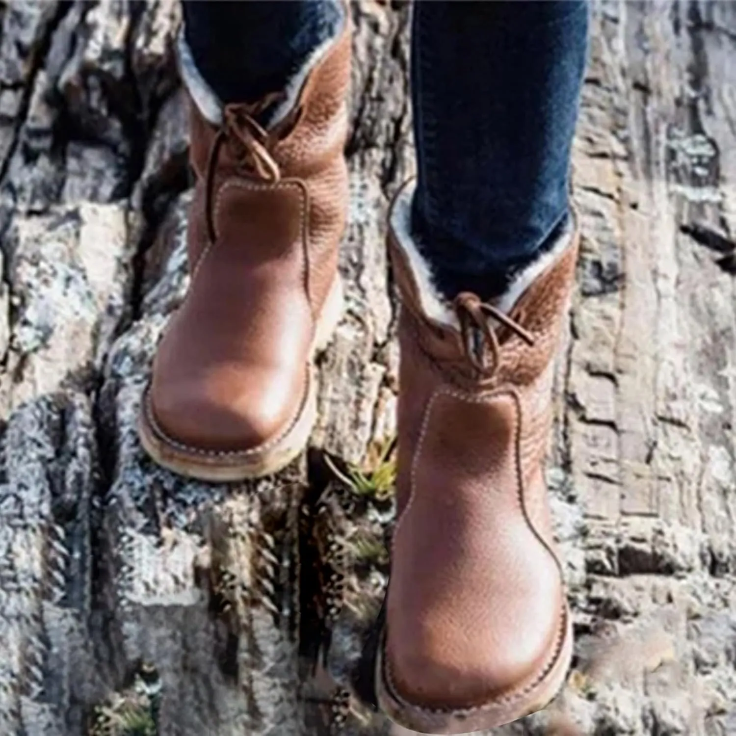 Winter Boots for Women Waterproof Leather Mid Calf Boots Warm Wool Lined Snow Shoes Flat Heel Lace Up Christmas Shoes