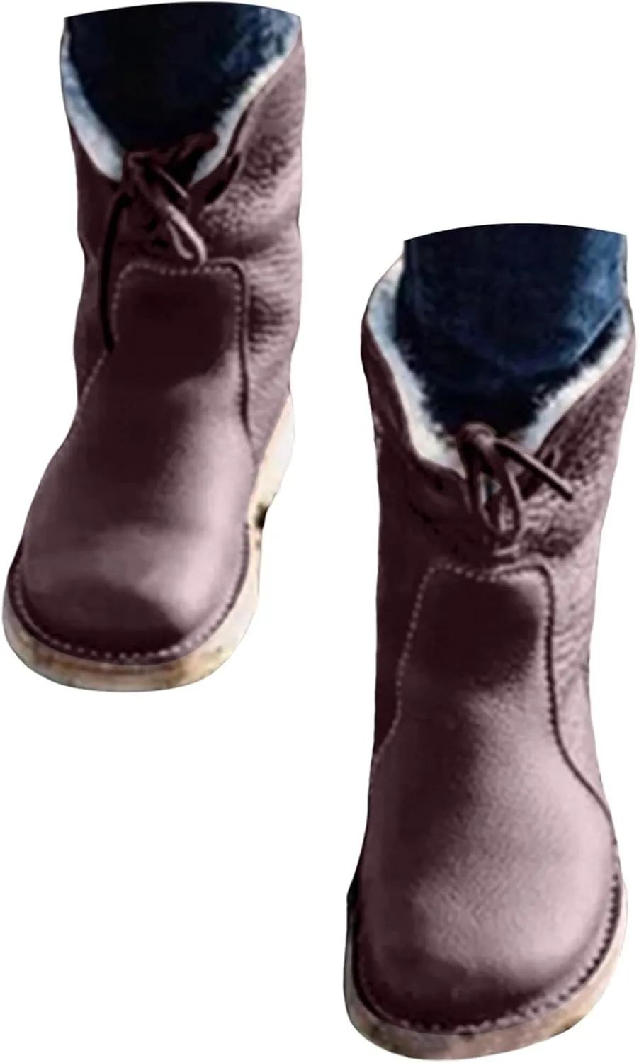 Winter Boots for Women Waterproof Leather Mid Calf Boots Warm Wool Lined Snow Shoes Flat Heel Lace Up Christmas Shoes