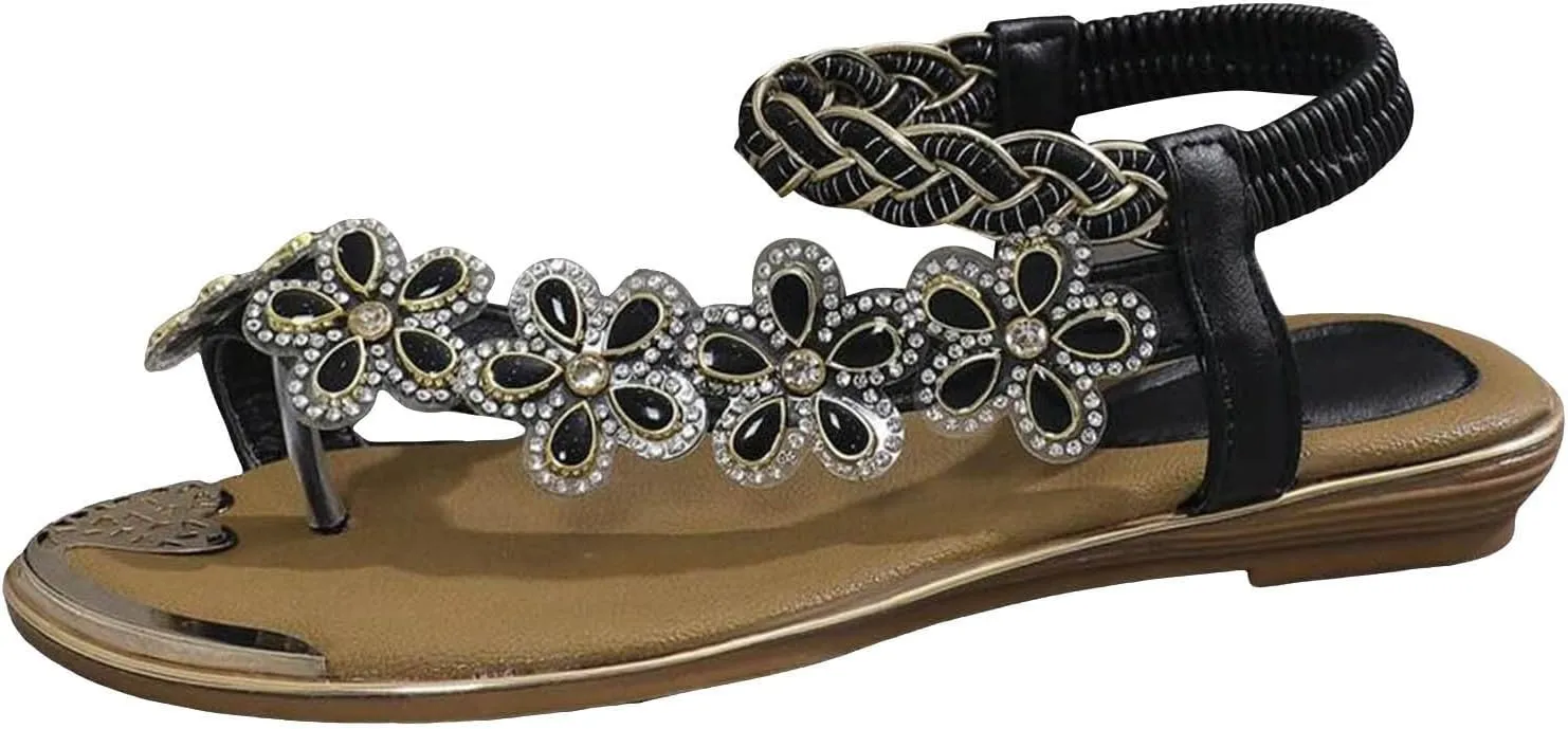 Women Flat Floral Flip Flops Boho Casual Shoes Women's Orthopaedic Sandals Elegant Cork Sandals for Women Suede (Black, 11)