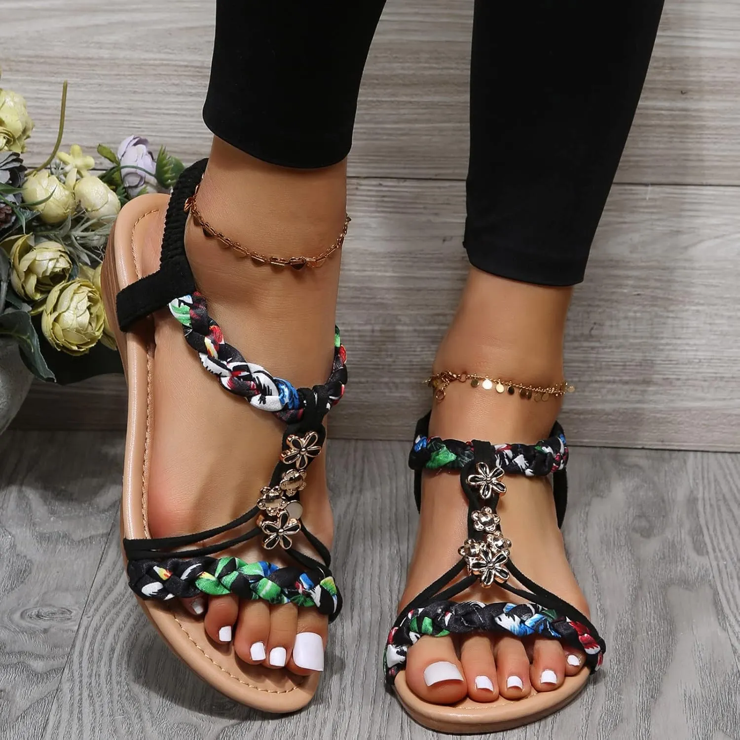Women Wedge Shoes Flat Beaded Sandals Beach Thong Flat Beach Slippers Womens Sandals