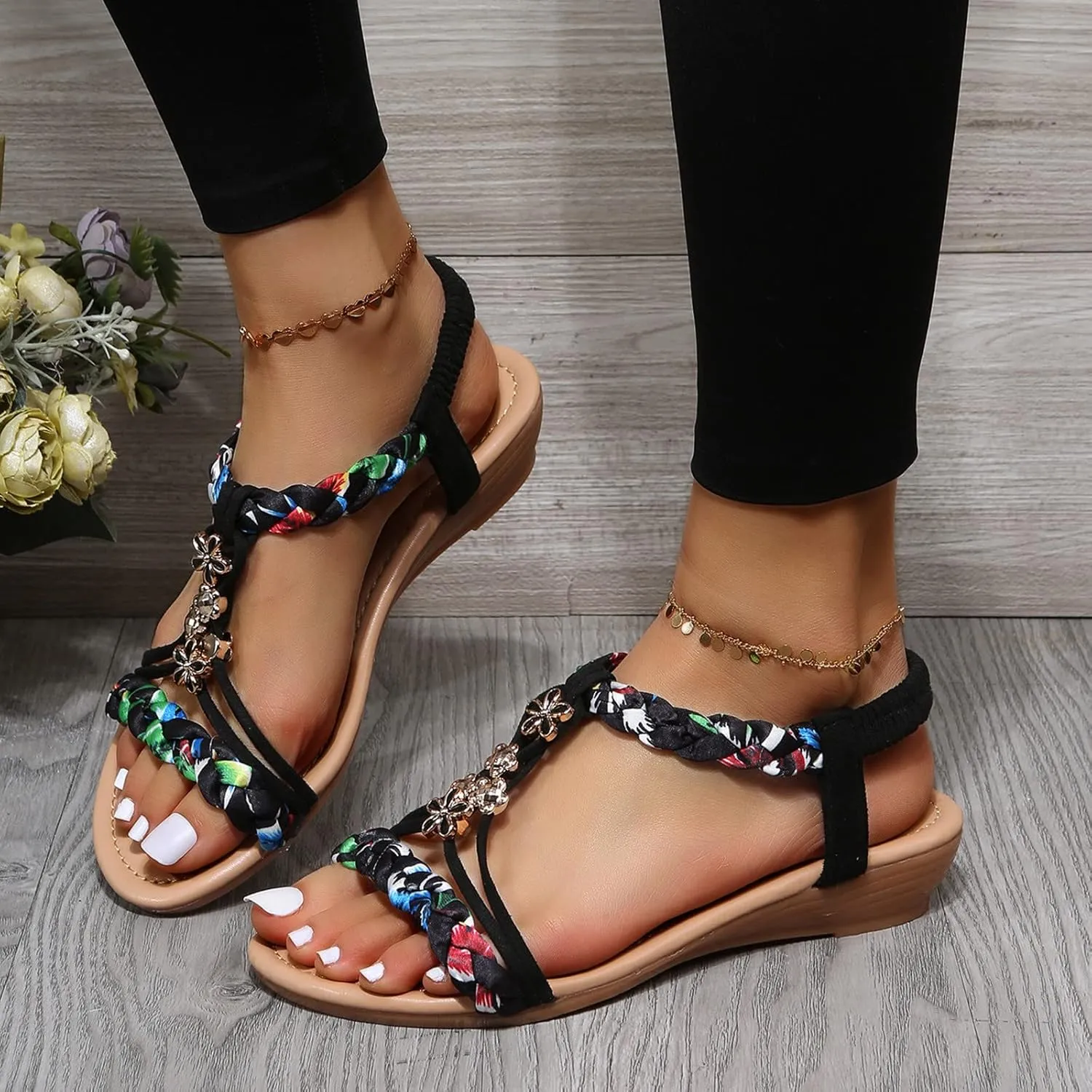 Women Wedge Shoes Flat Beaded Sandals Beach Thong Flat Beach Slippers Womens Sandals