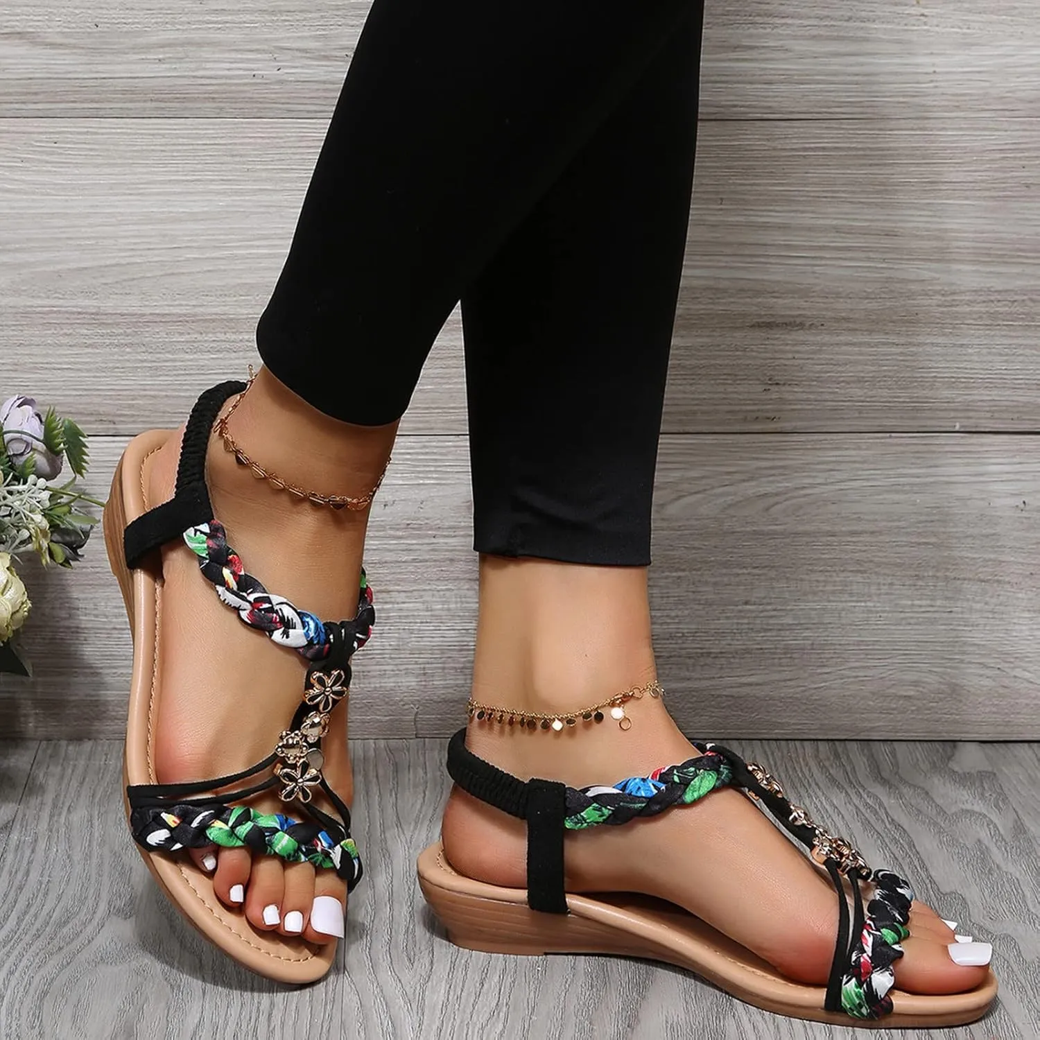 Women Wedge Shoes Flat Beaded Sandals Beach Thong Flat Beach Slippers Womens Sandals