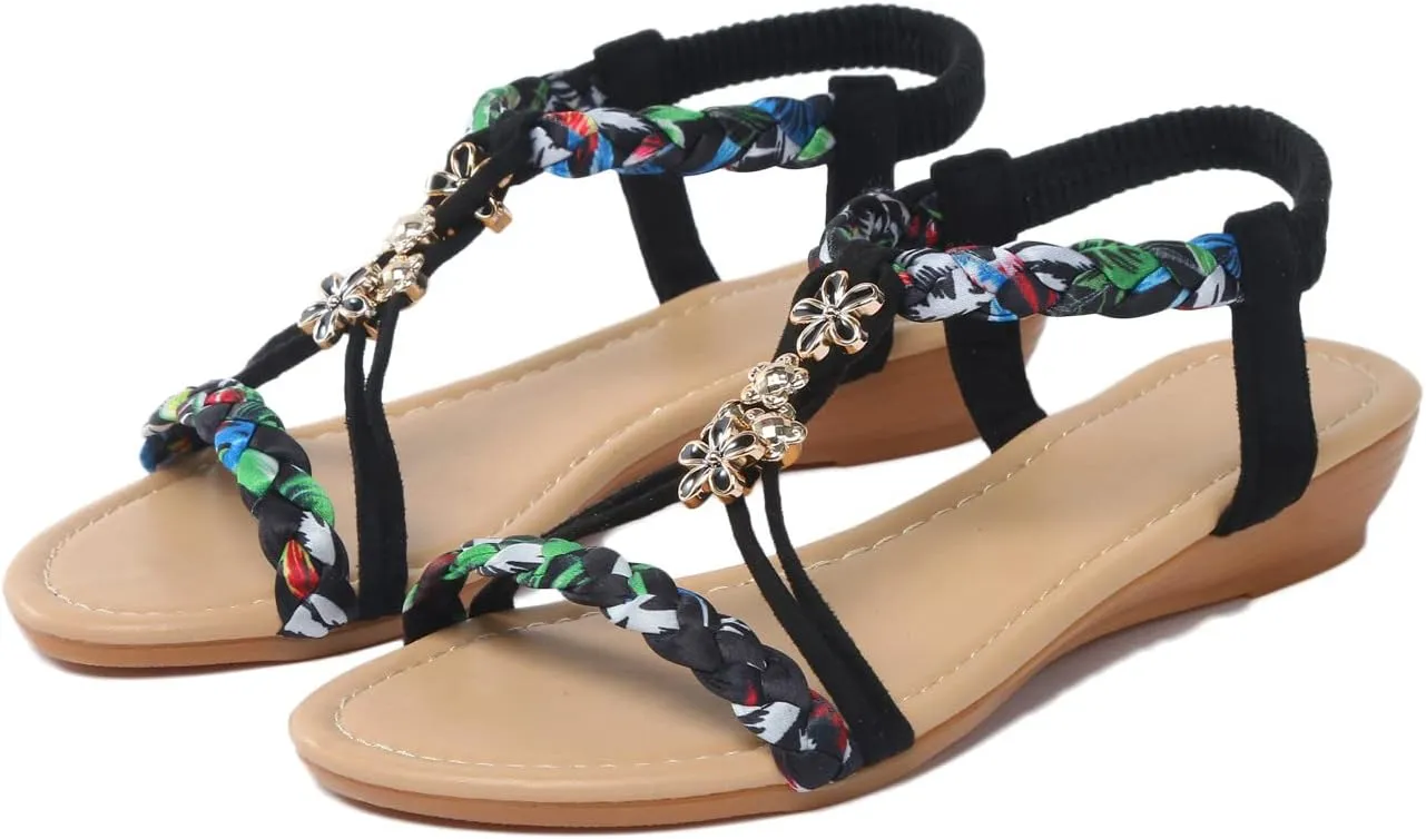 Women Wedge Shoes Flat Beaded Sandals Beach Thong Flat Beach Slippers Womens Sandals