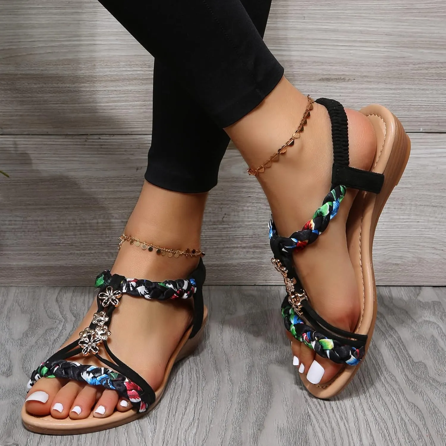 Women Wedge Shoes Flat Beaded Sandals Beach Thong Flat Beach Slippers Womens Sandals