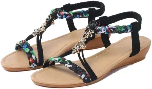 Women Wedge Shoes Flat Beaded Sandals Beach Thong Flat Beach Slippers Womens Sandals