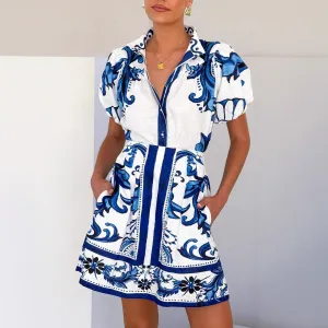 Womens A-Line Dress Set  Linen Fabric  Puff Sleeve Top  Mini Skirt with Pockets