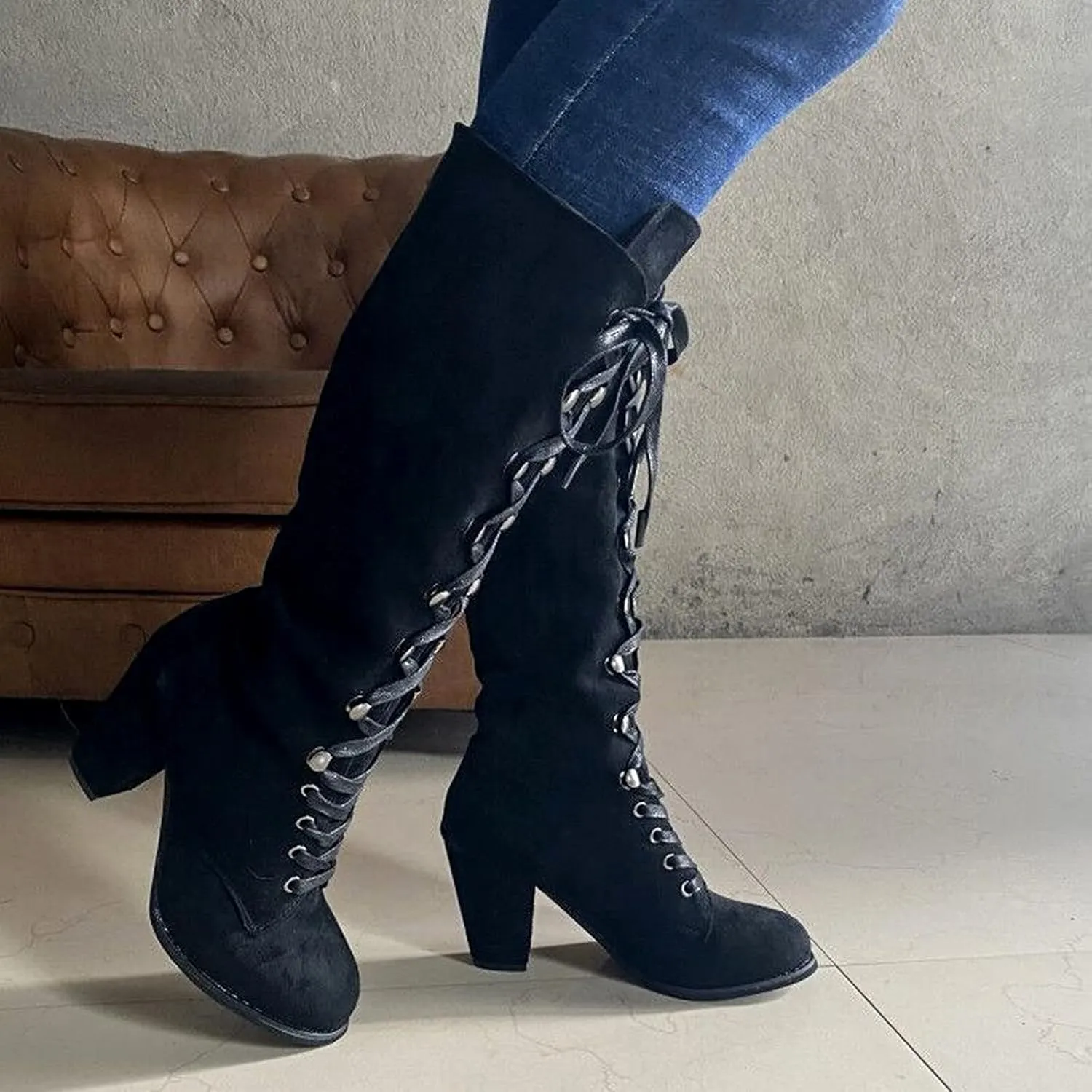Womens Booties,Fall Boots for Women 2024 Chunky High Heels Lace Up Round Toe Cowboy Boots Vintage Wedge Booties Shoes