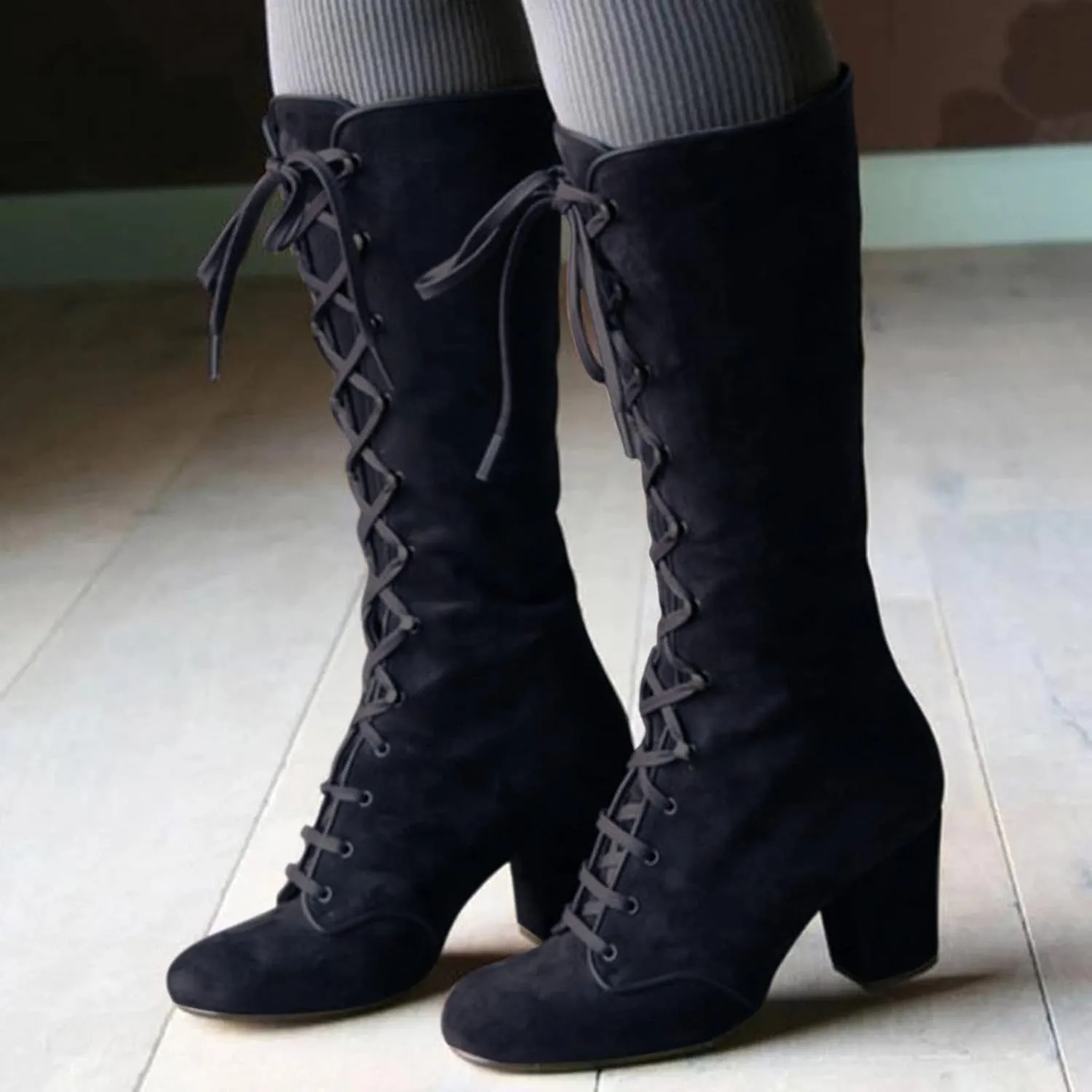 Womens Booties,Fall Boots for Women 2024 Chunky High Heels Lace Up Round Toe Cowboy Boots Vintage Wedge Booties Shoes