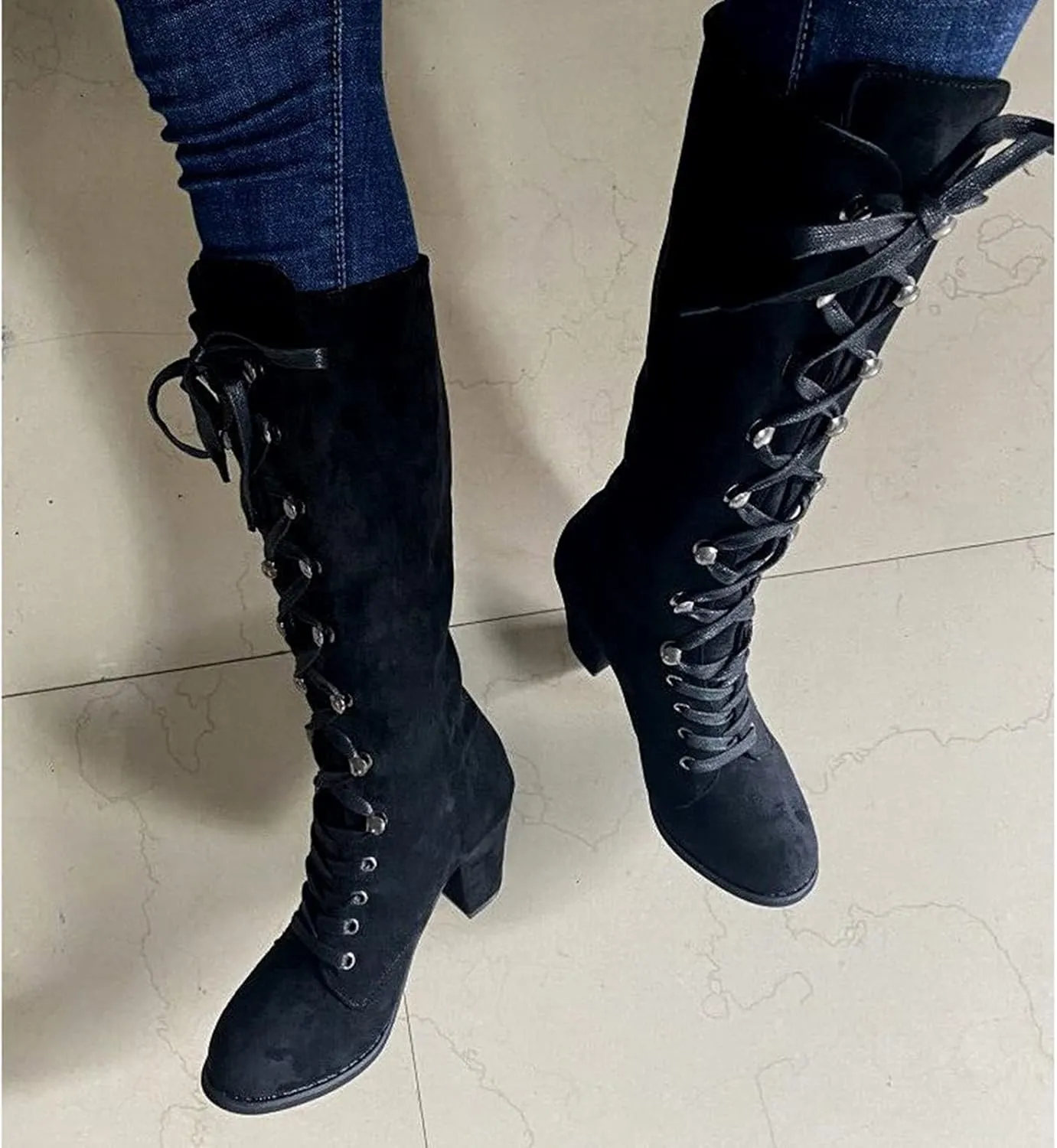 Womens Booties,Fall Boots for Women 2024 Chunky High Heels Lace Up Round Toe Cowboy Boots Vintage Wedge Booties Shoes