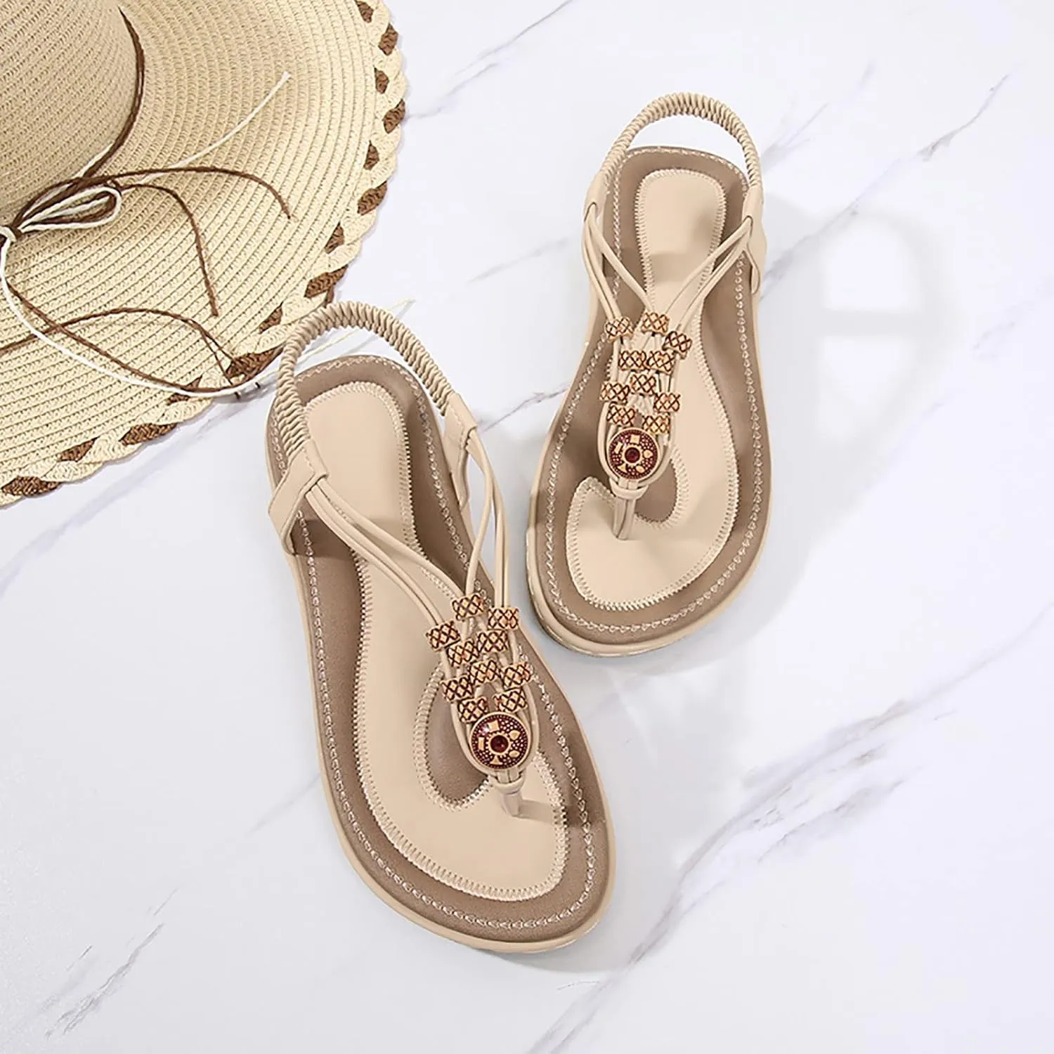 Women's Elastic Ankle Strap Flat Sandals Summer Adjustable Orthotic Shoes Comfortable Walking Flat Sandals