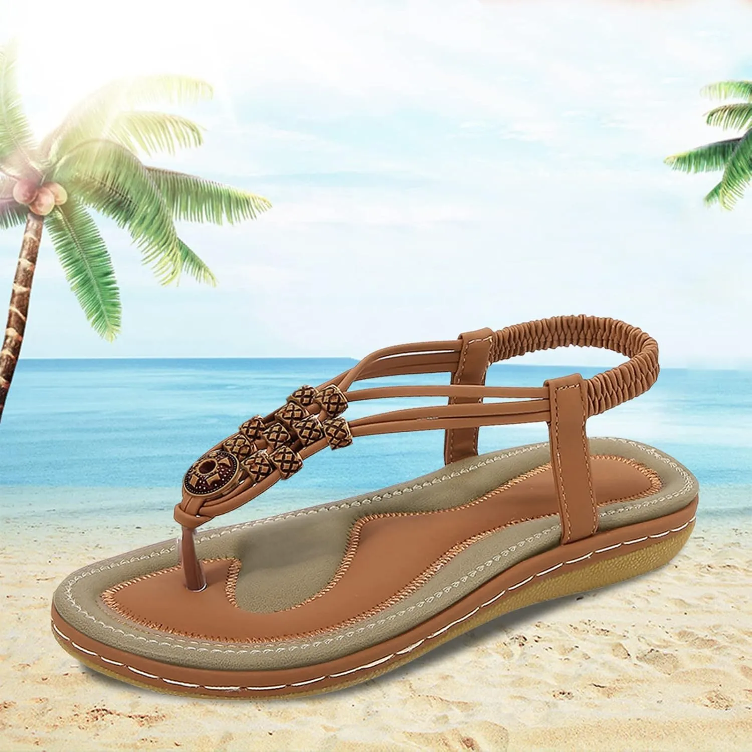 Women's Elastic Ankle Strap Flat Sandals Summer Adjustable Orthotic Shoes Comfortable Walking Flat Sandals
