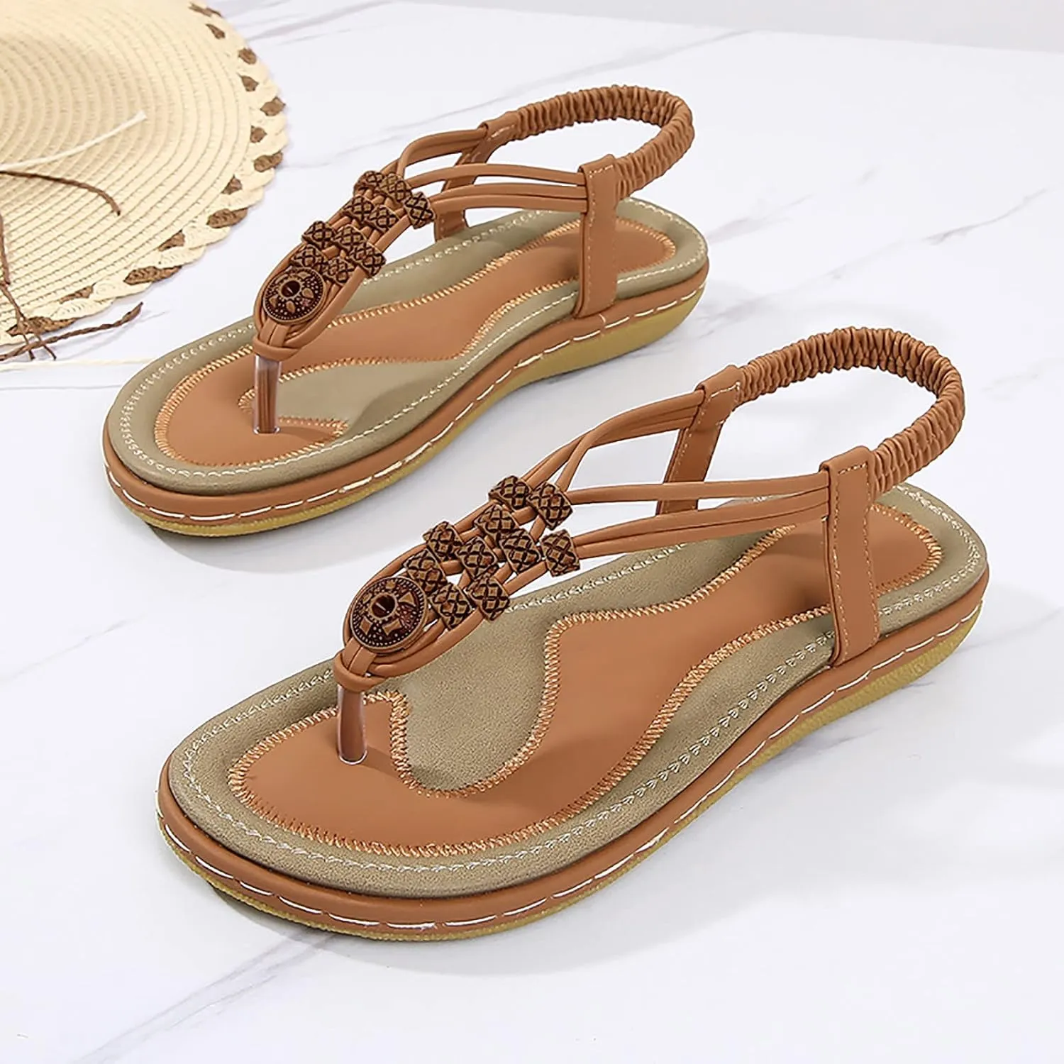 Women's Elastic Ankle Strap Flat Sandals Summer Adjustable Orthotic Shoes Comfortable Walking Flat Sandals