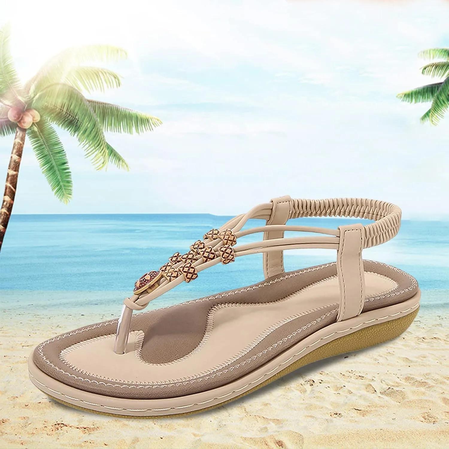 Women's Elastic Ankle Strap Flat Sandals Summer Adjustable Orthotic Shoes Comfortable Walking Flat Sandals
