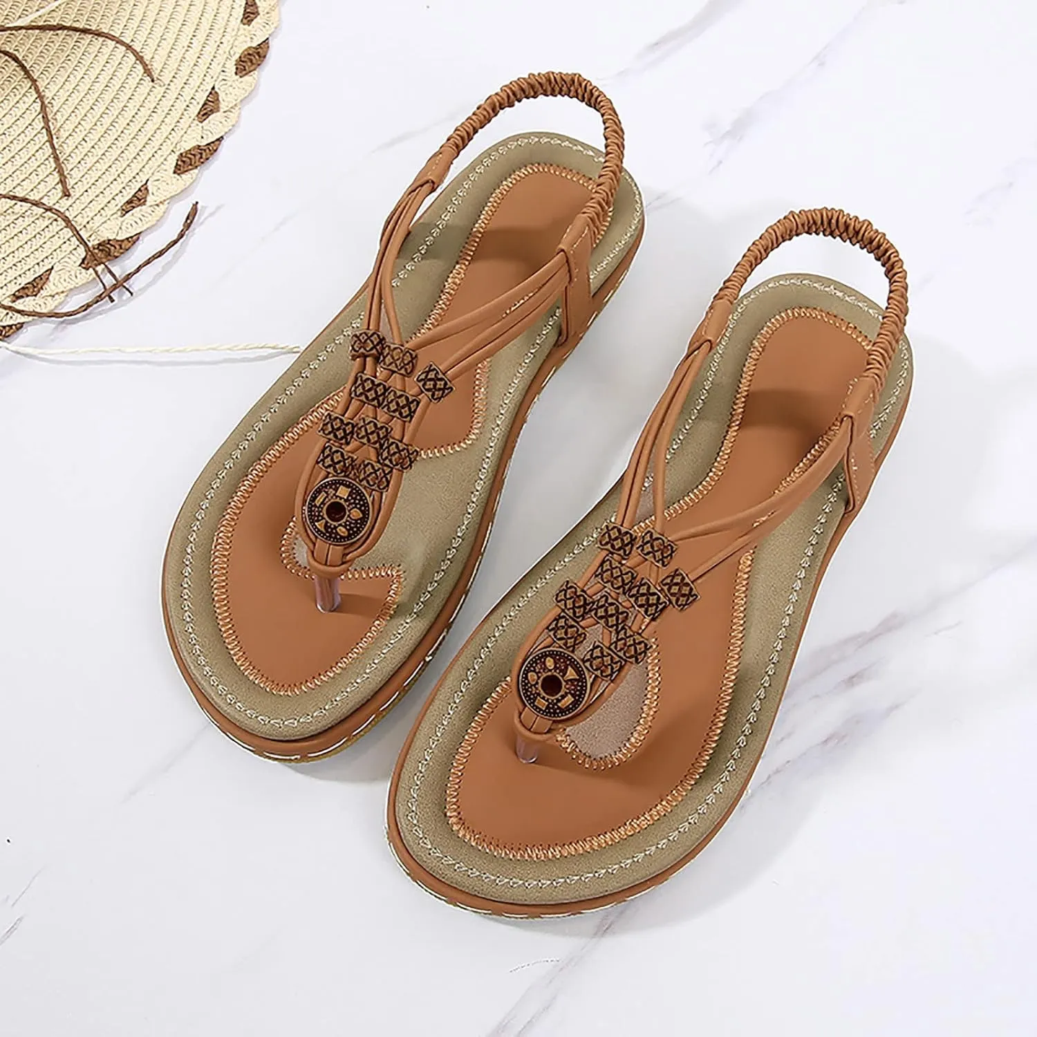Women's Elastic Ankle Strap Flat Sandals Summer Adjustable Orthotic Shoes Comfortable Walking Flat Sandals