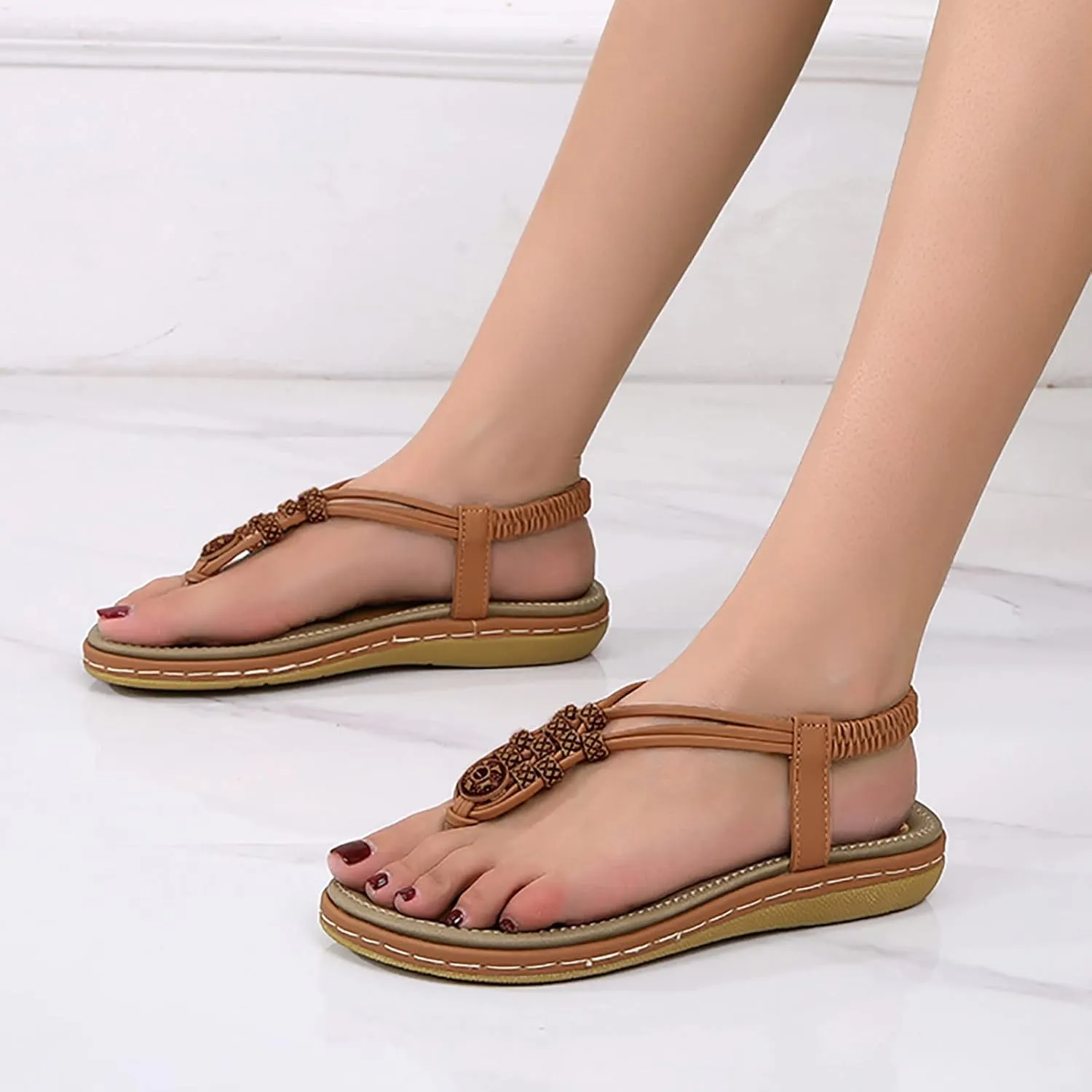 Women's Elastic Ankle Strap Flat Sandals Summer Adjustable Orthotic Shoes Comfortable Walking Flat Sandals