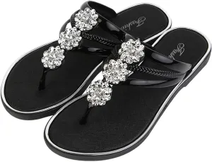 Women's Flat Sandals,Rhinestone Flowers Flip Flops for Women 2025 Bohe Slippers Flats Summer Beach Sandals Comfortable Clip Toe Slide Sandal Lightweight Slip-on Dressy Thong Casual Shoes