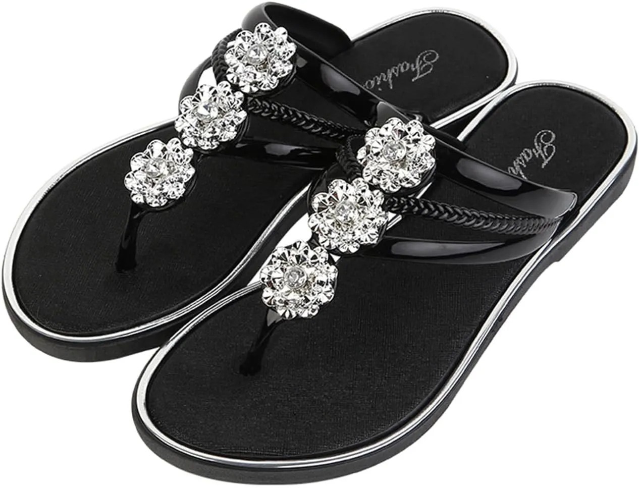 Women's Flat Sandals,Rhinestone Flowers Flip Flops for Women 2025 Bohe Slippers Flats Summer Beach Sandals Comfortable Clip Toe Slide Sandal Lightweight Slip-on Dressy Thong Casual Shoes